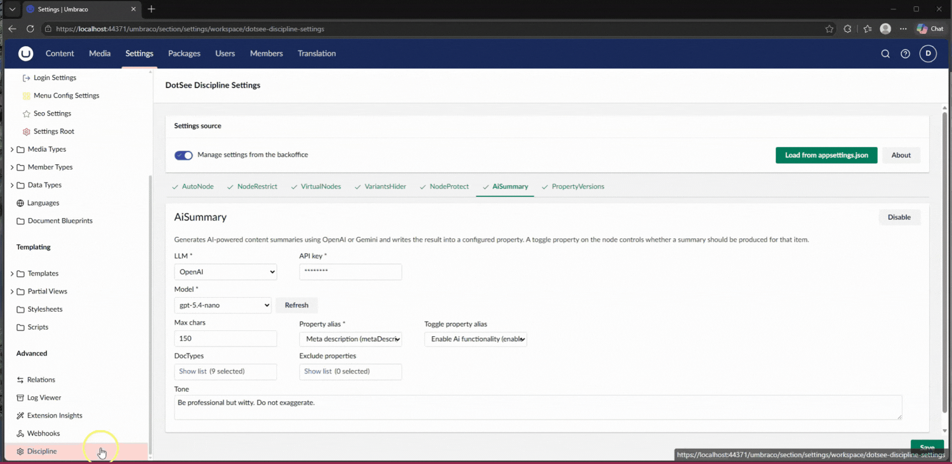 DotSee Discipline AI Summary Umbraco demo