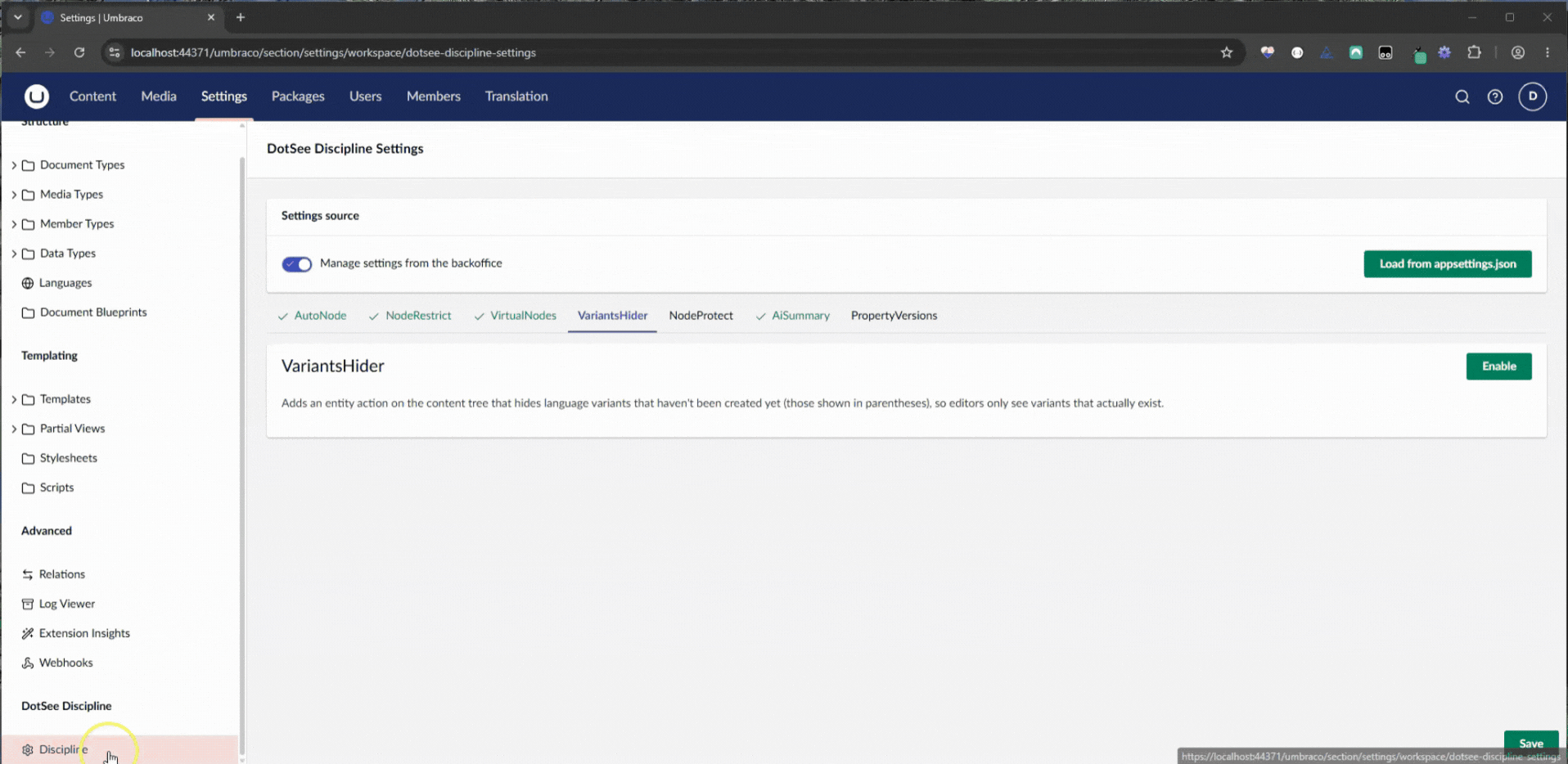 DotSee Discipline Variants Hider Umbraco Back Office demo