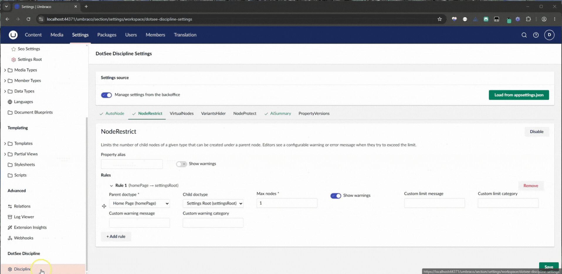 DotSee Discipline NodeRestrict Umbraco demo