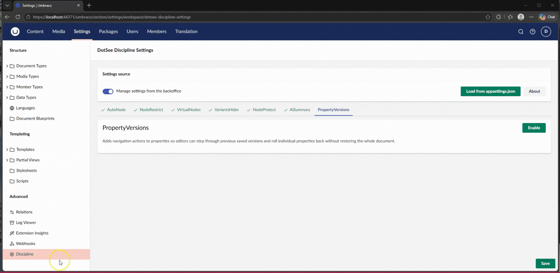 DotSee Discipline Property Versions Umbraco demo