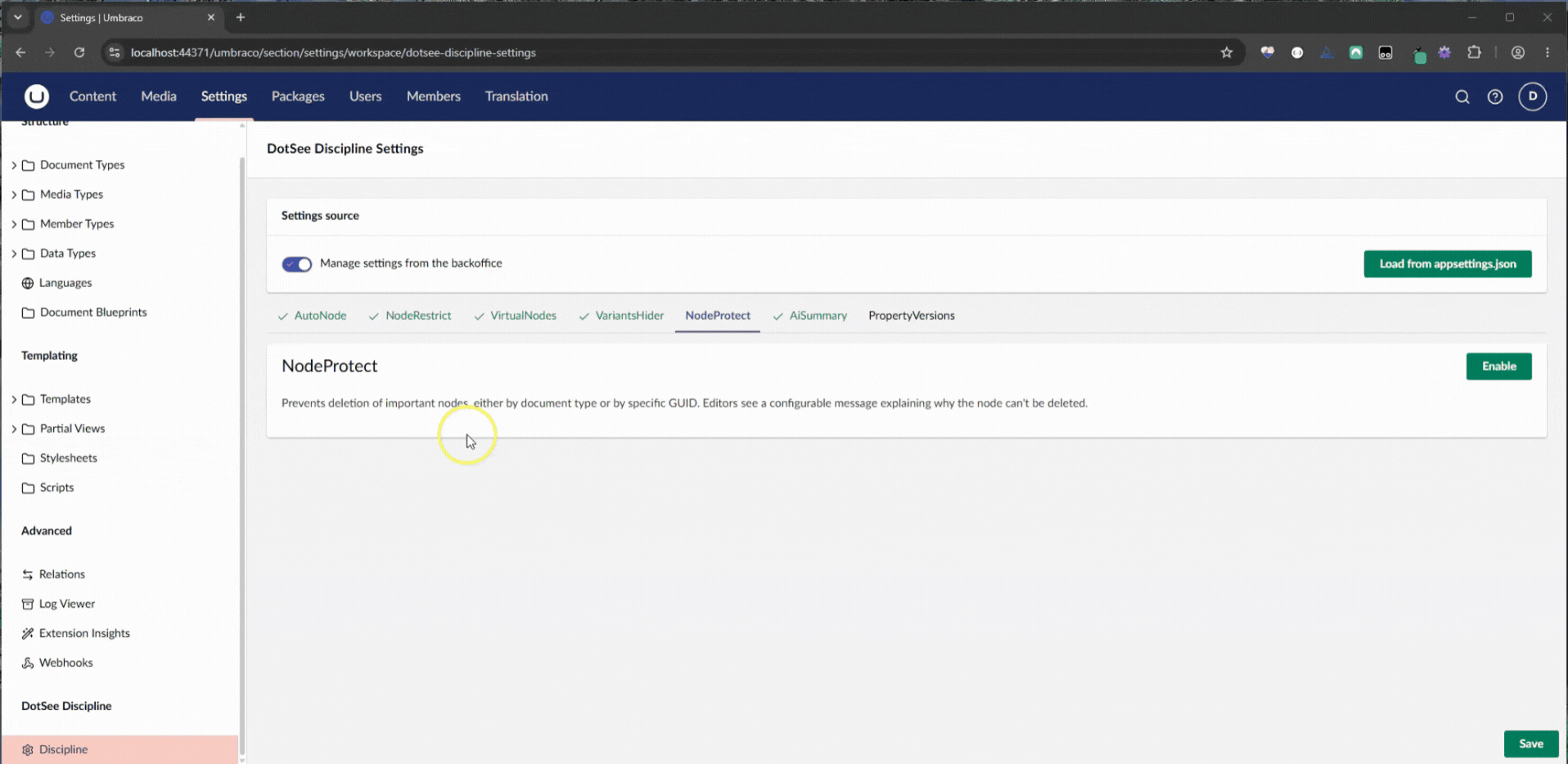 DotSee Discipline NodeProtect Umbraco Demo
